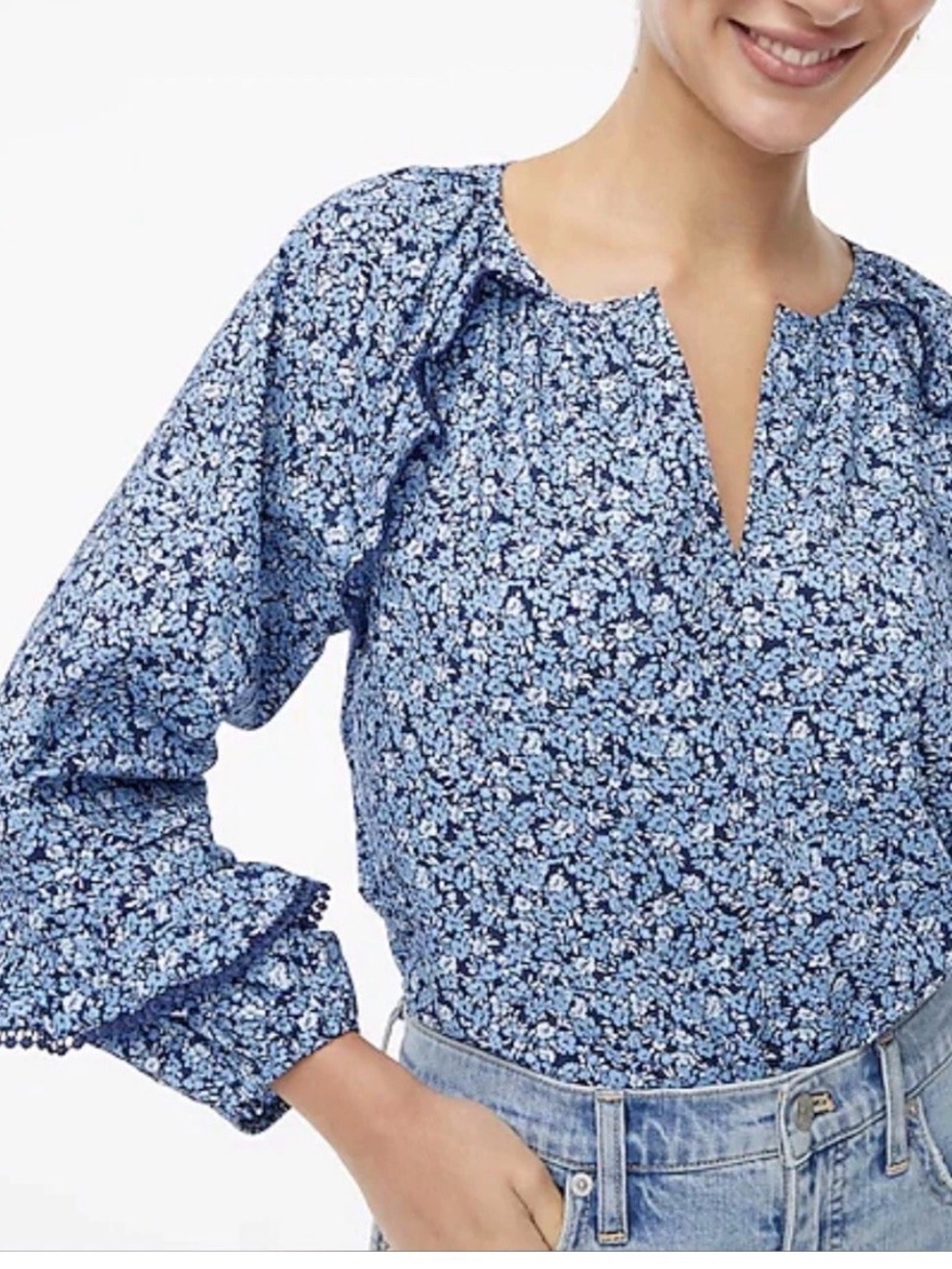 J. Crew Blue Micro-Floral Split V-Neck Blouse Sz M